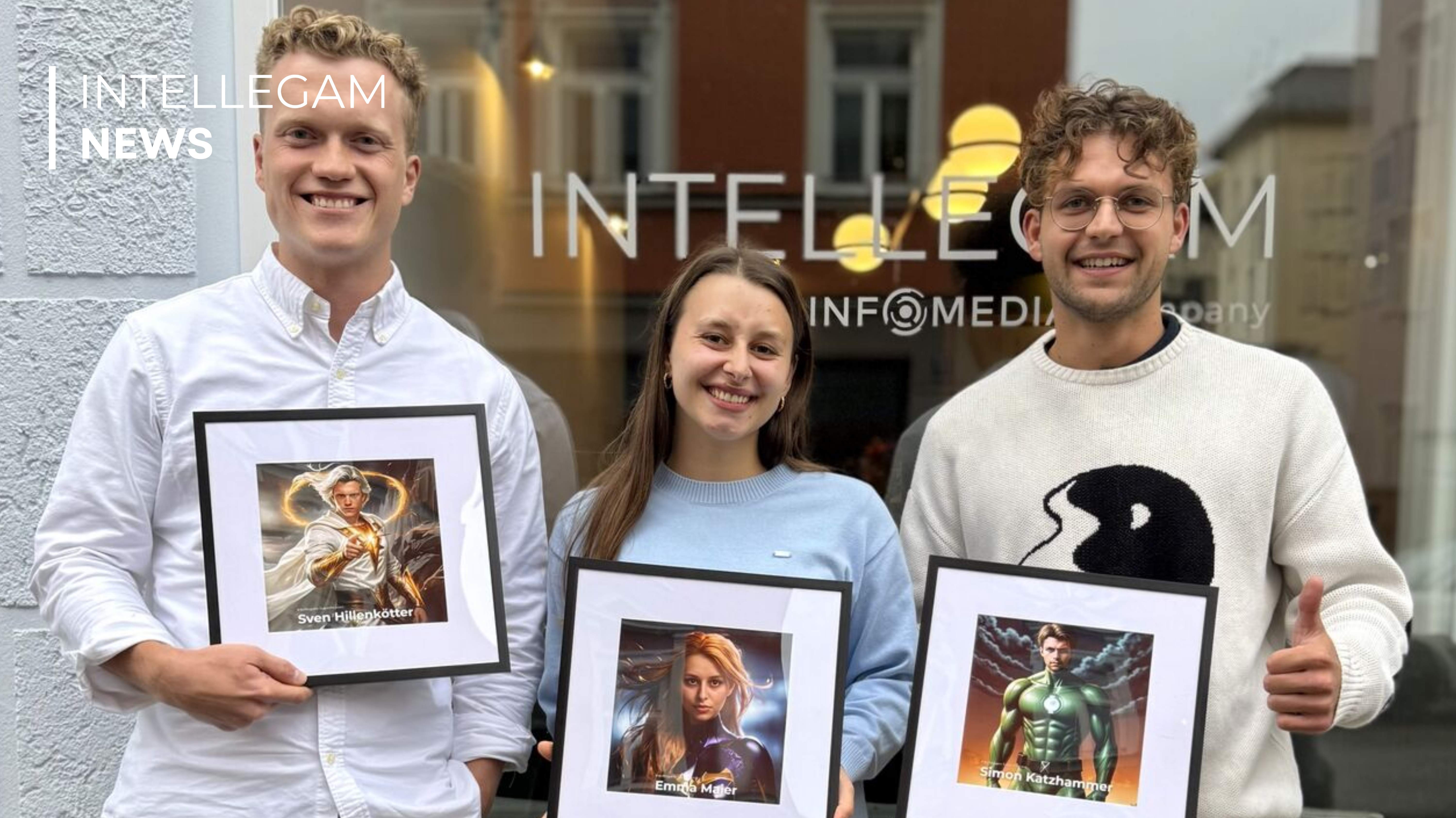 Intellegam team with AI-generated superhero portraits