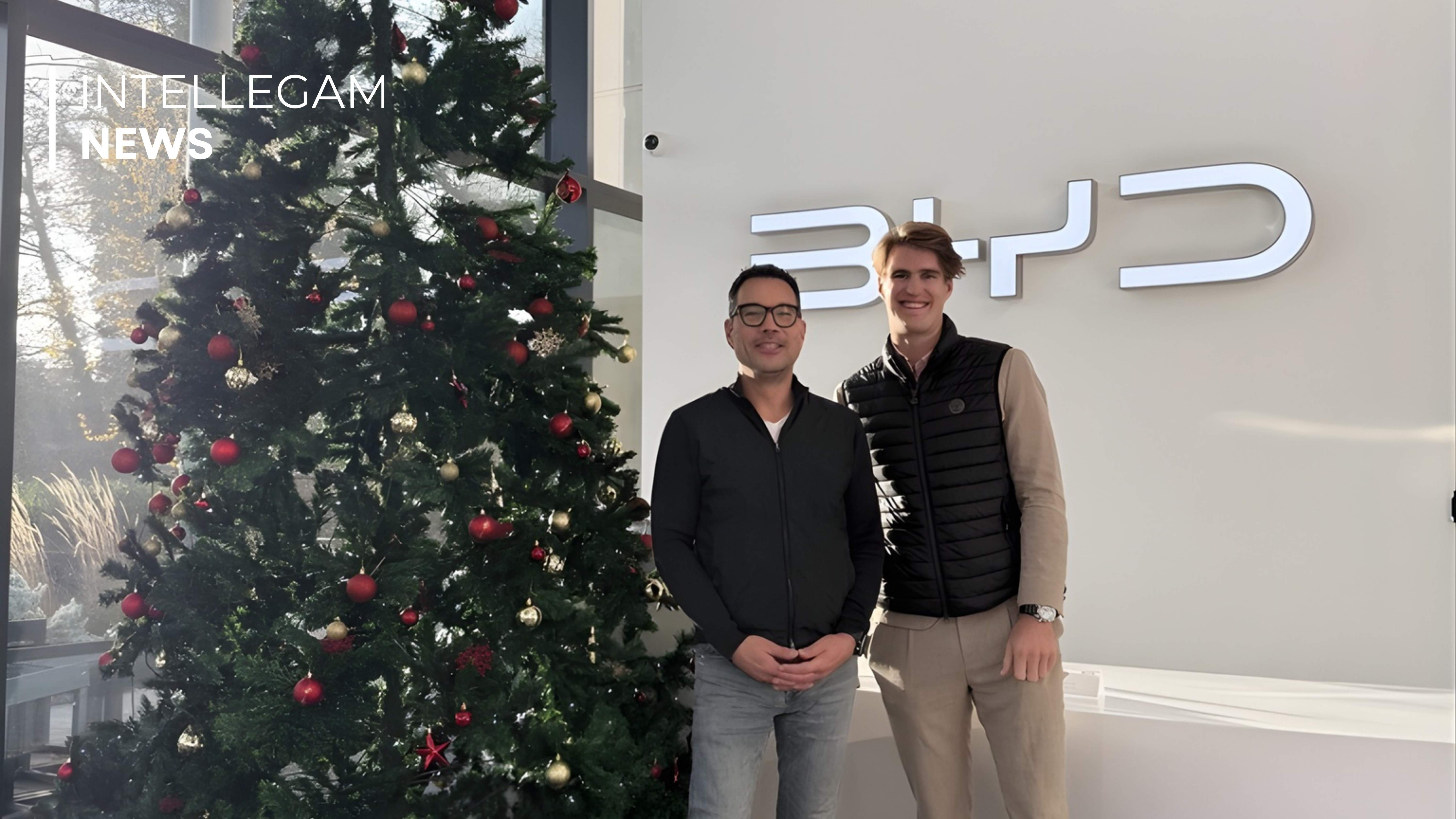 INTELLEGAM team Tobias and Franz at BYD UK with Christmas tree